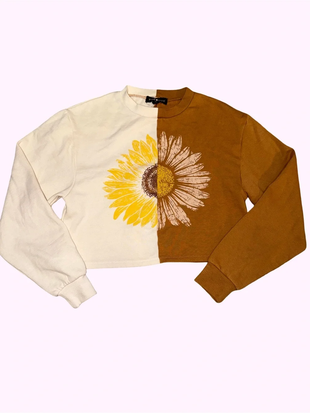 Split-Color Sunflower Crop Long Sleeve Top - Cream & Brown